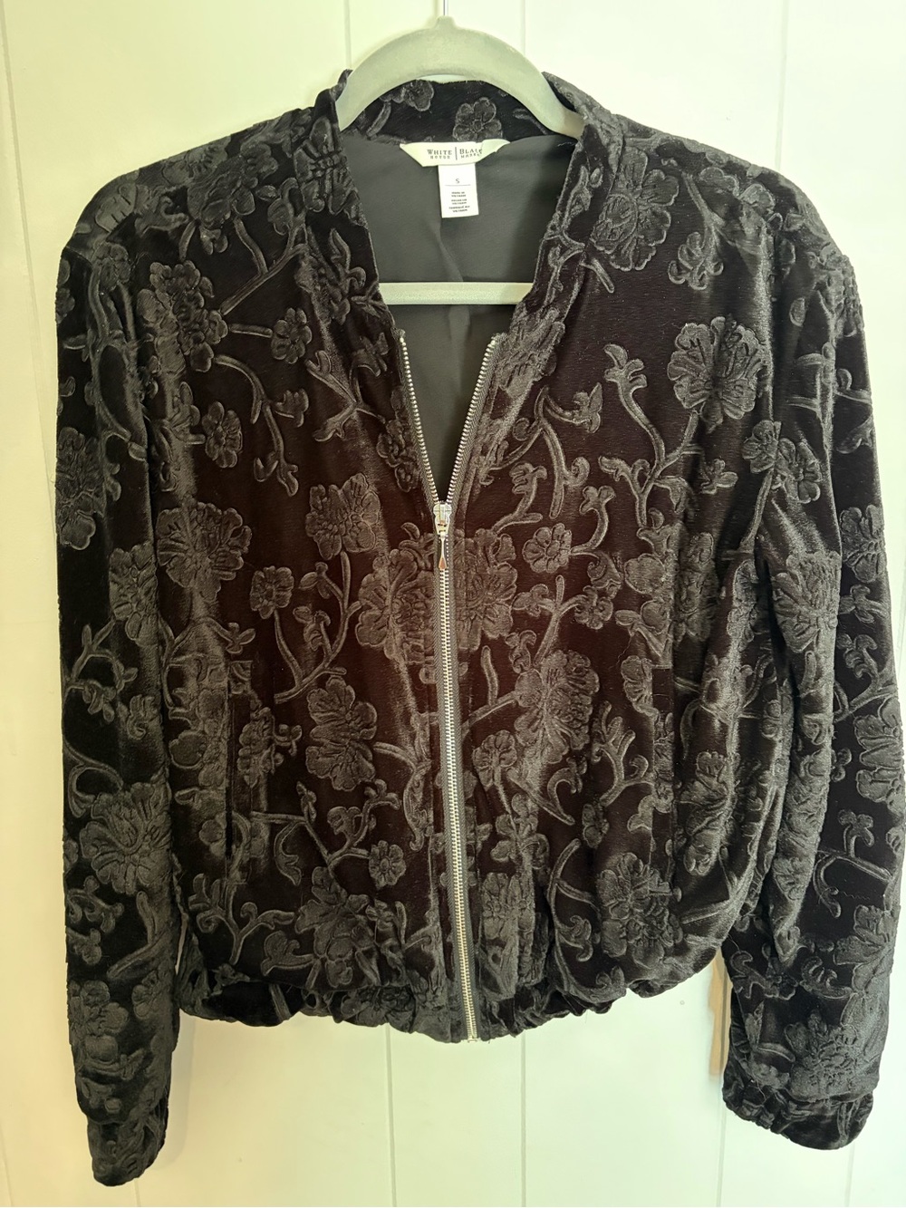 White House Black Market Black Floral Velvet Bomber Jacket